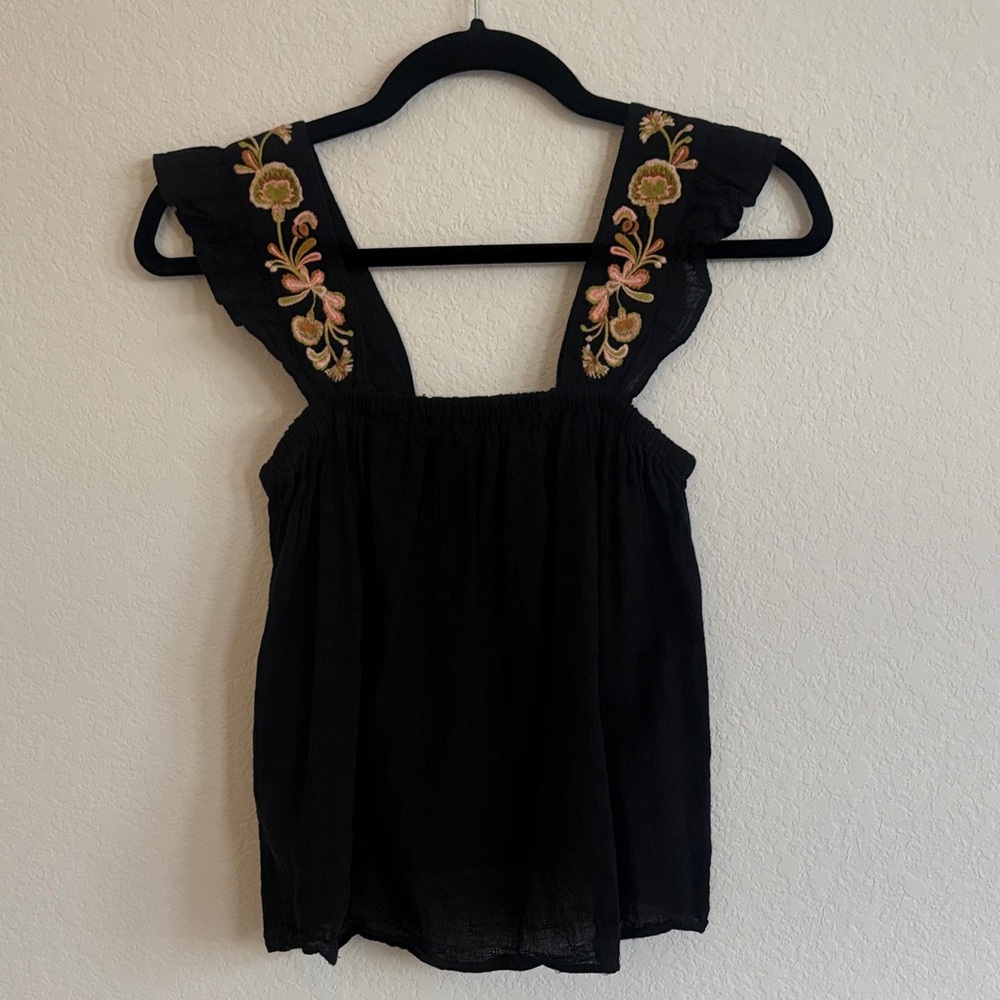 Madewell Black Embroidered Ruffle-Strap Tank